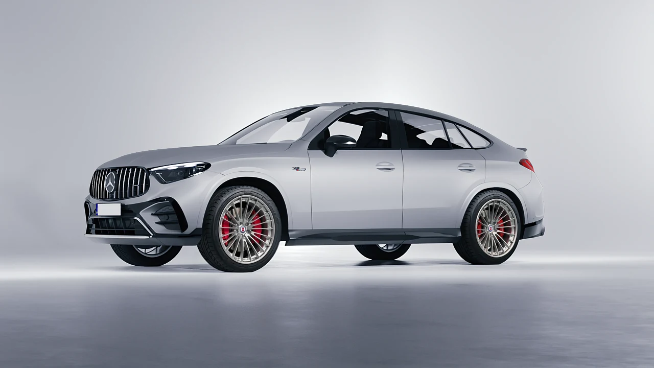 Mercedes-Benz Glc63 S AMG E Performance Coupe 2023 on HRE Performance Wheels S209 forged wheels, front three-quarter view