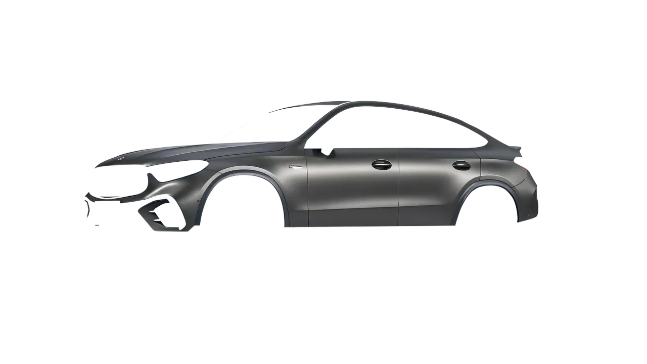 Mercedes-Benz Glc63 S AMG E Performance Coupe 2023 wrapped in Black Rock Grey (Avery Dennison SW900-823-M), front three-quarter view