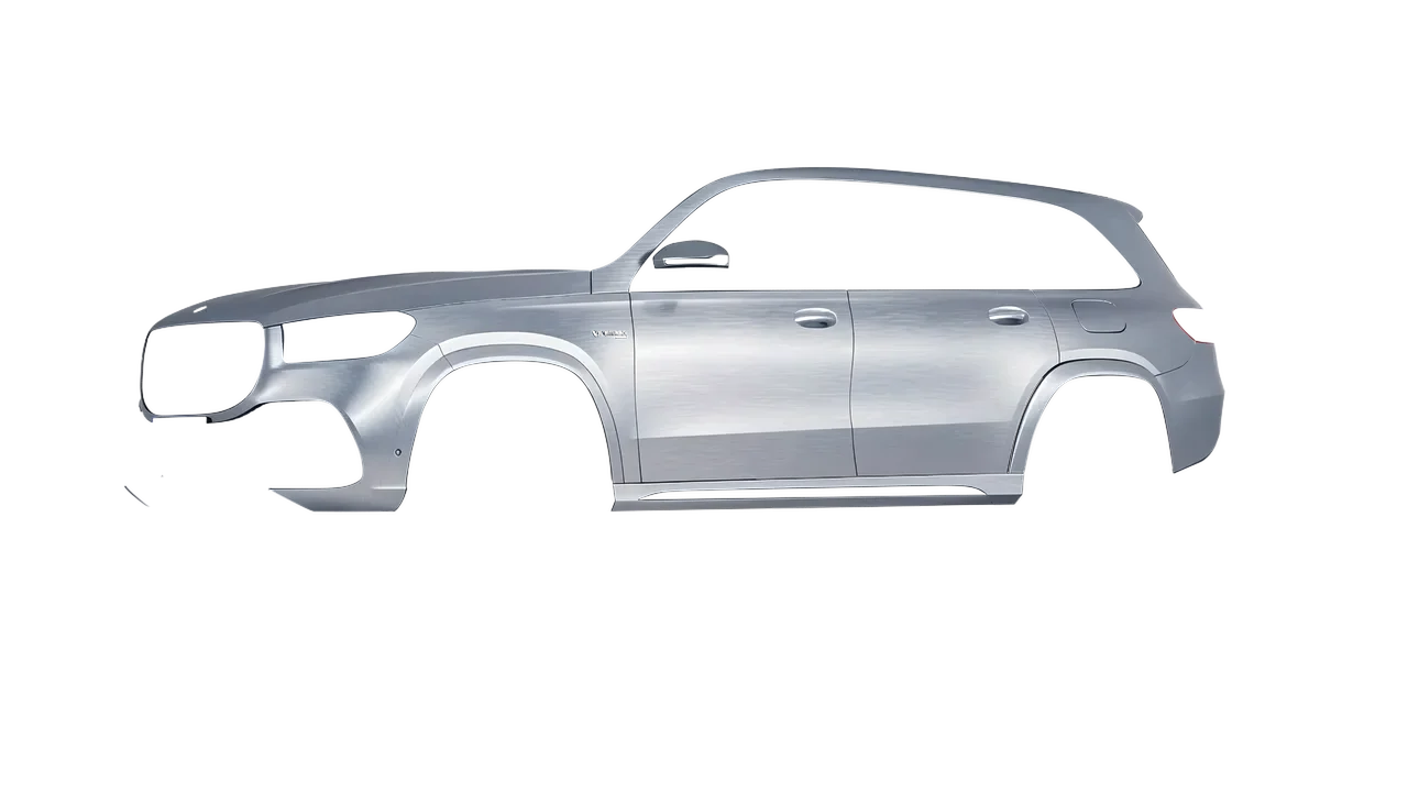 Mercedes-Benz Gls63 AMG 2024 wrapped in Brushed Aluminum (Avery Dennison SW900-812-X), front three-quarter view