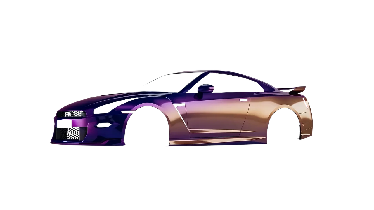 Nissan GT-R 2024 wrapped in Gloss Flip Deep Space (3M GP278), front three-quarter view