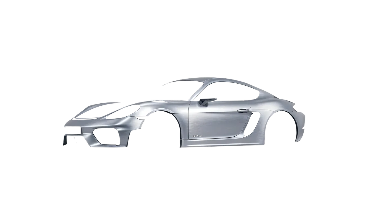 Porsche 718 Cayman GT4 RS 2022 wrapped in Brushed Aluminum (Avery Dennison SW900-812-X), front three-quarter view