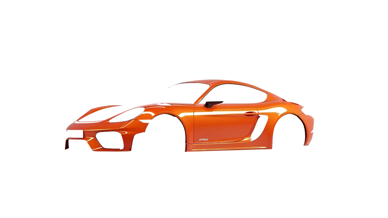 Porsche 718 Cayman GT4 RS 2022 wrapped in Fiery Orange (3M G364), front three-quarter view