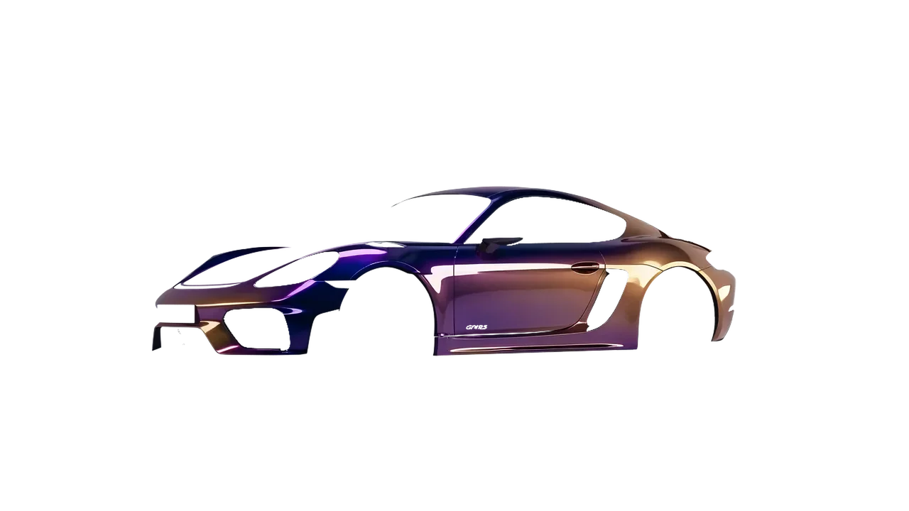 Porsche 718 Cayman GT4 RS 2022 wrapped in Gloss Flip Deep Space (3M GP278), front three-quarter view