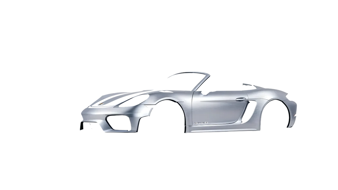 Porsche 718 Spyder RS 2023 wrapped in Brushed Aluminum (Avery Dennison SW900-812-X), front three-quarter view