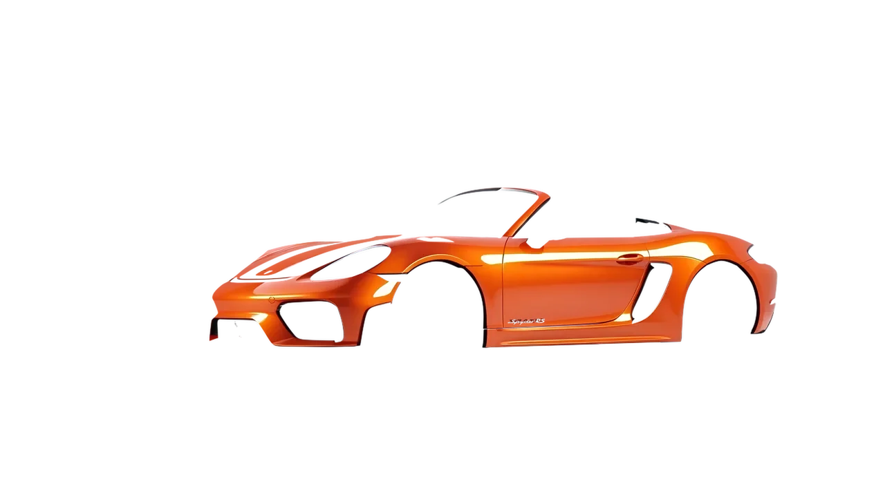 Porsche 718 Spyder RS 2023 wrapped in Fiery Orange (3M G364), front three-quarter view