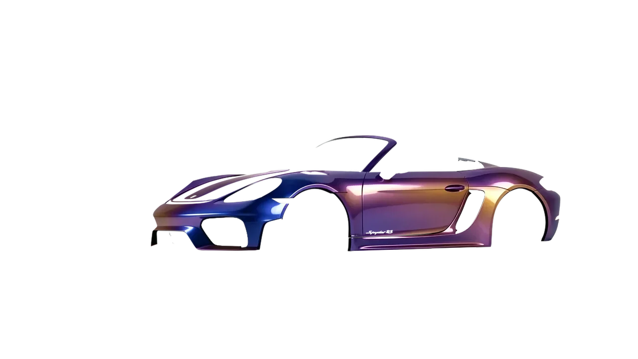 Porsche 718 Spyder RS 2023 wrapped in Gloss Flip Deep Space (3M GP278), front three-quarter view