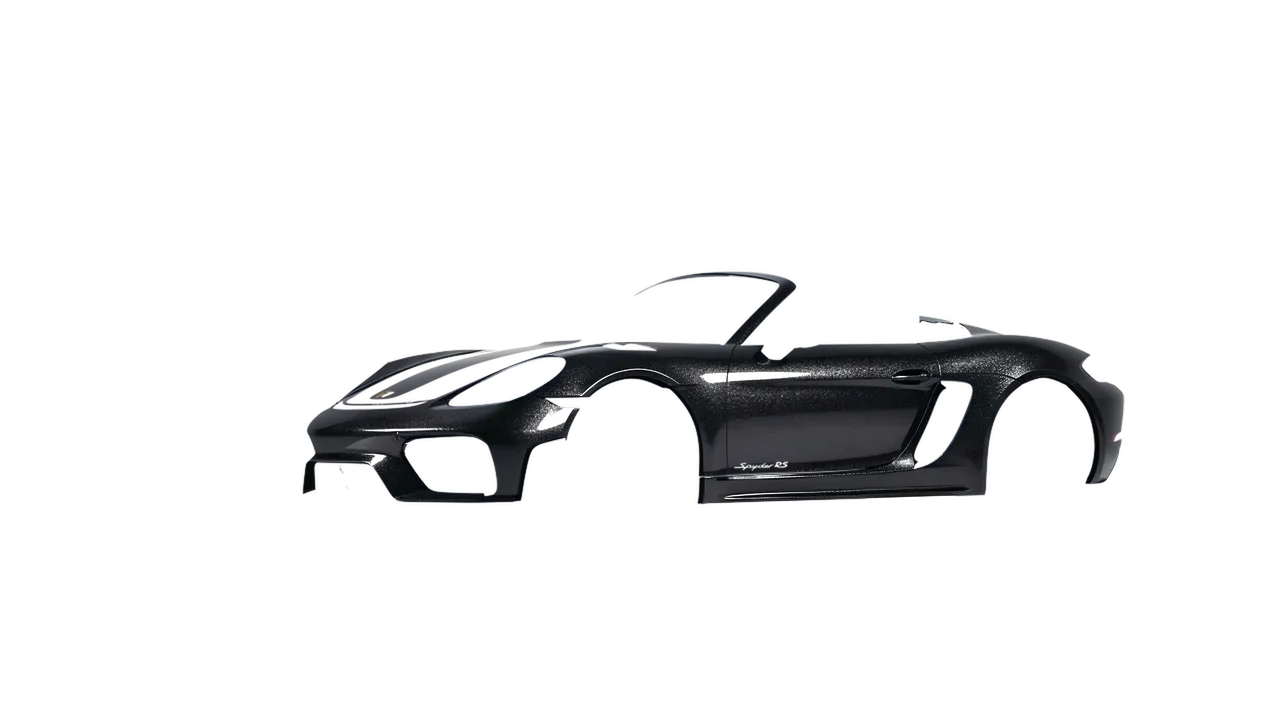 Porsche 718 Spyder RS 2023 wrapped in Mystery Black (Avery Dennison SW900-184-M), front three-quarter view