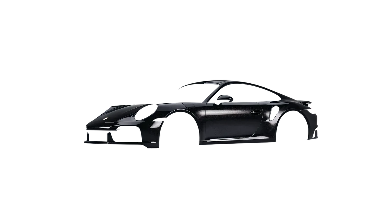 Porsche 911 Turbo S 2023 wrapped in Mystery Black (Avery Dennison SW900-184-M), front three-quarter view