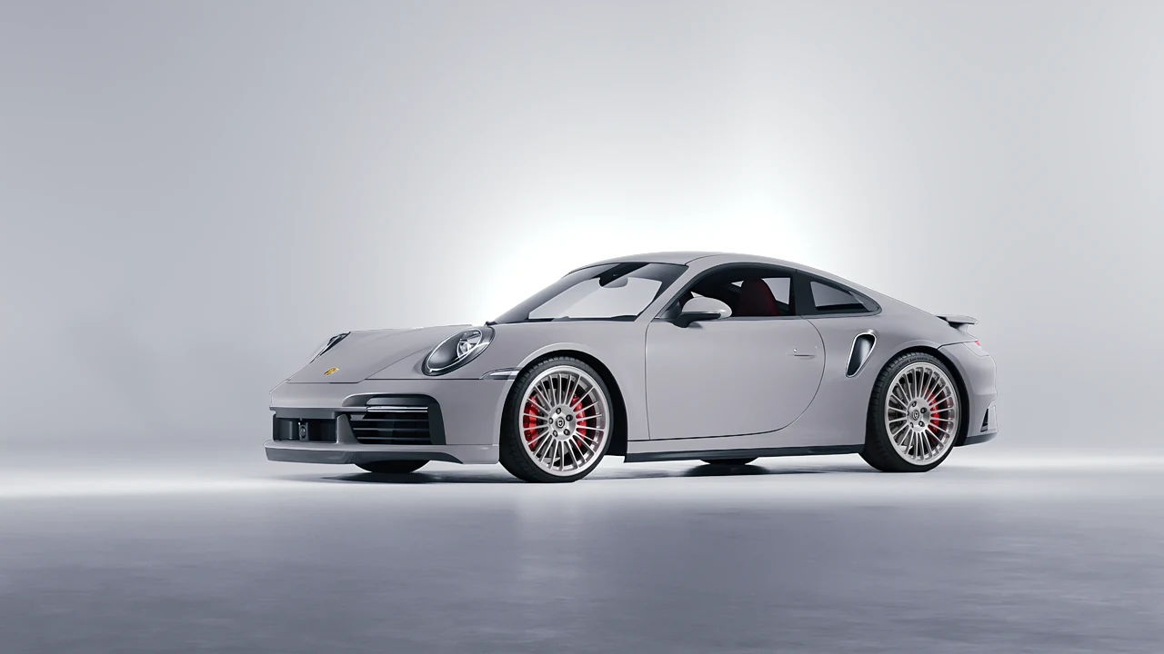 Porsche 911 Turbo S 2023 on HRE Performance Wheels 309M forged wheels, front three-quarter view