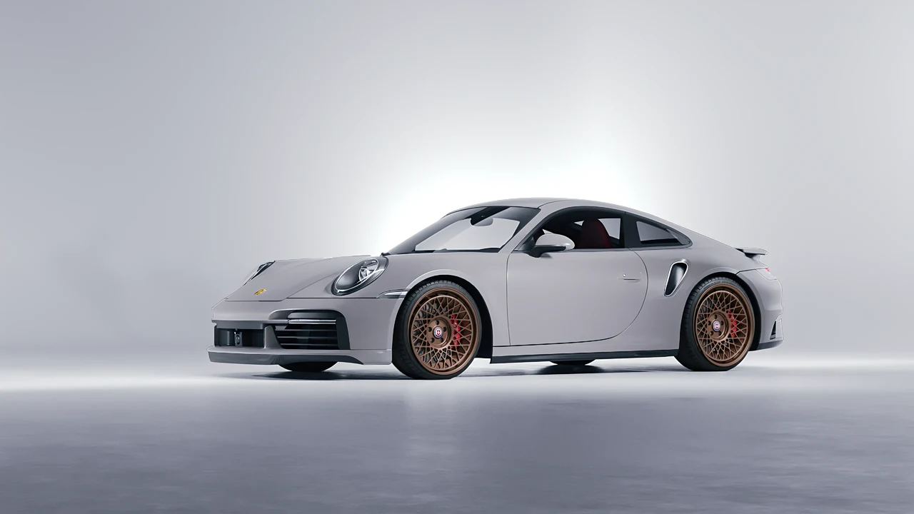 Porsche 911 Turbo S 2023 on HRE Performance Wheels 501-GTM forged wheels, front three-quarter view