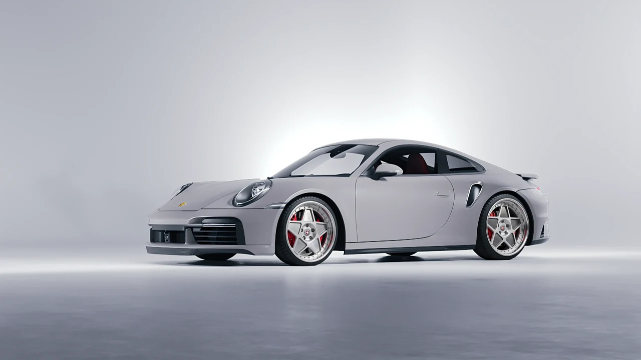 Porsche 911 Turbo S 2023 on HRE Performance Wheels 505 forged wheels, front three-quarter view