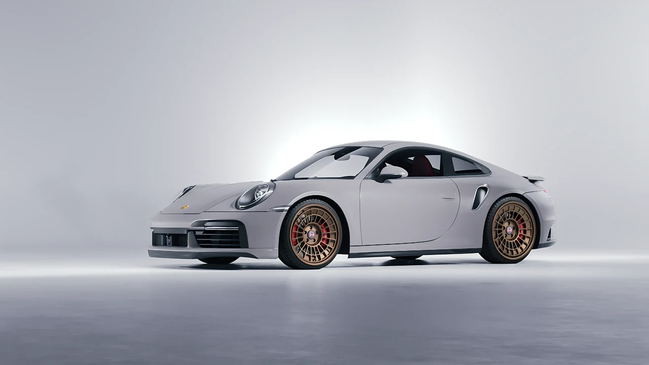 Porsche 911 Turbo S 2023 on HRE Performance Wheels 515-GTM forged wheels, front three-quarter view