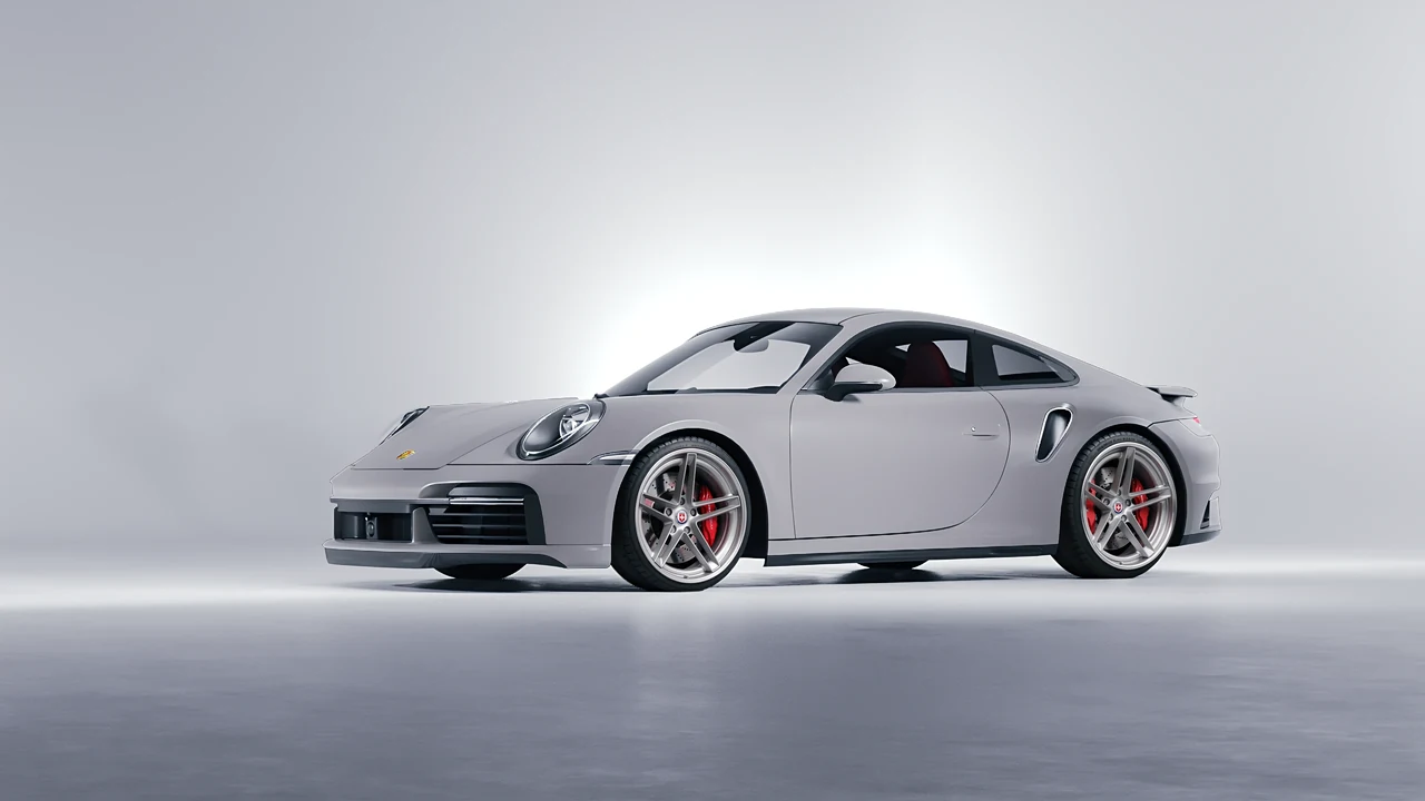Porsche 911 Turbo S 2023 on HRE Performance Wheels G-Code forged wheels, front three-quarter view