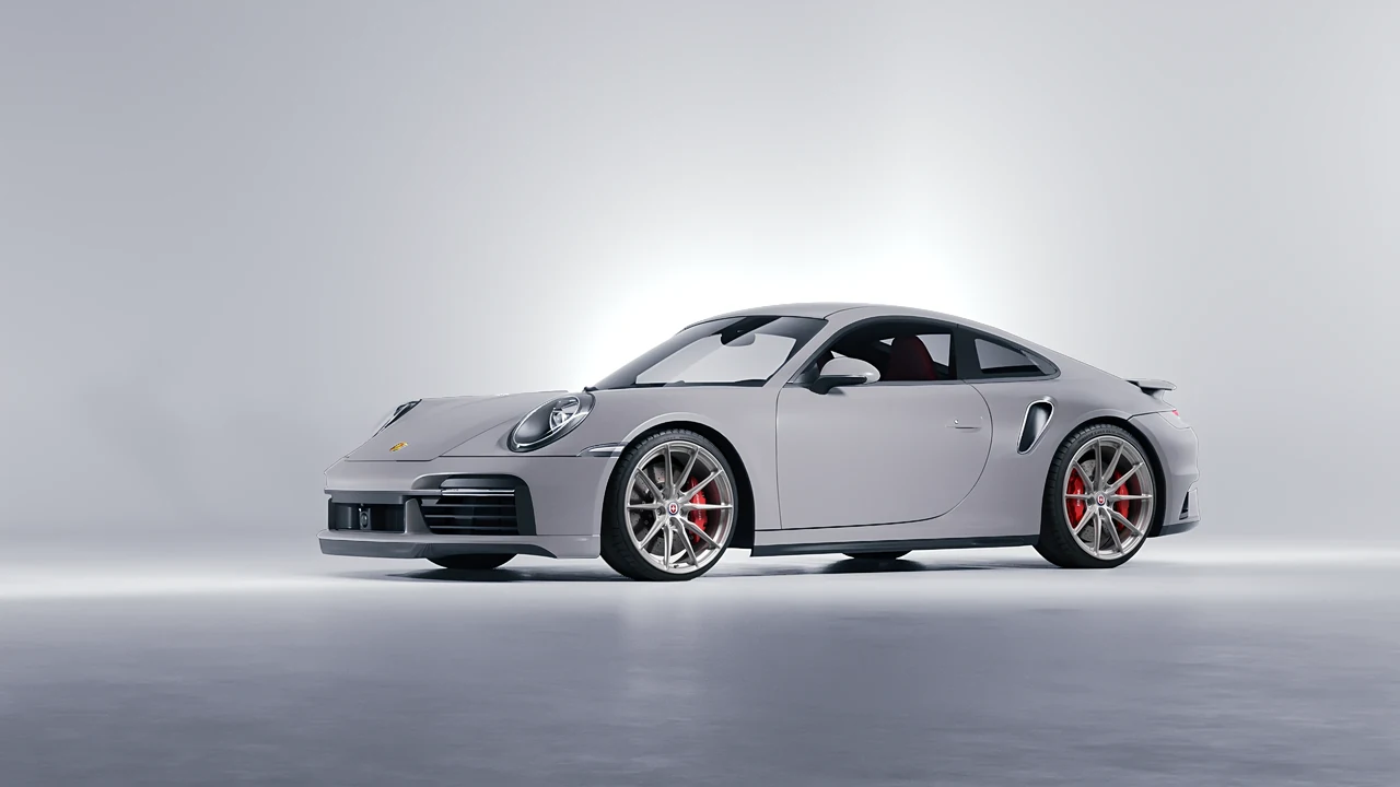Porsche 911 Turbo S 2023 on HRE Performance Wheels P104SC forged wheels, front three-quarter view