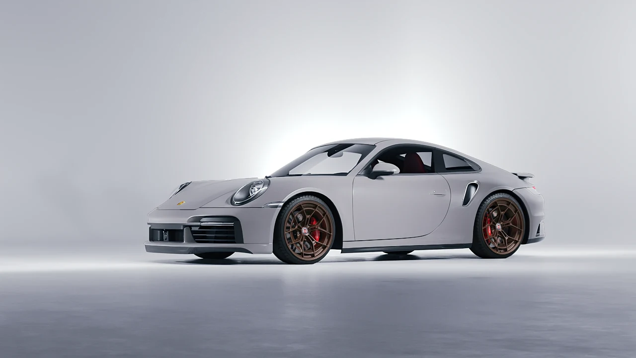 Porsche 911 Turbo S 2023 on HRE Performance Wheels P301 forged wheels, front three-quarter view