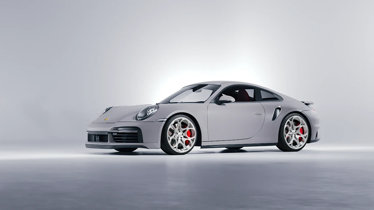 Porsche 911 Turbo S 2023 on RDB LA Revolver forged wheels, front three-quarter view