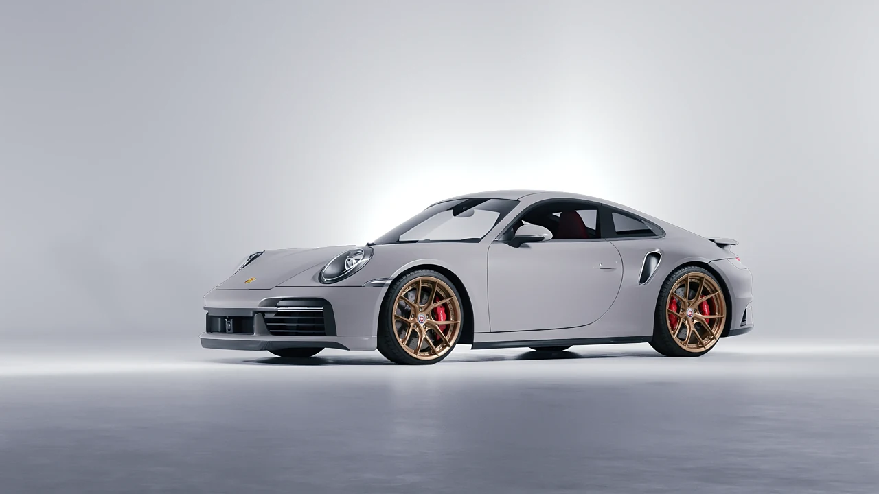 Porsche 911 Turbo S 2023 on HRE Performance Wheels S101SC forged wheels, front three-quarter view