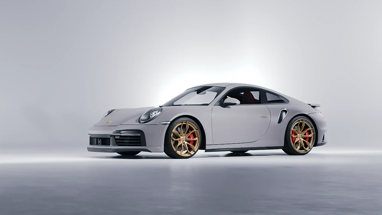 Porsche 911 Turbo S 2023 on HRE Performance Wheels S201H forged wheels, front three-quarter view