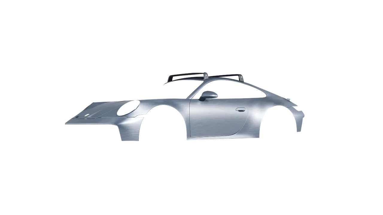 Porsche 911 Dakar 2023 wrapped in Brushed Aluminum (Avery Dennison SW900-812-X), front three-quarter view