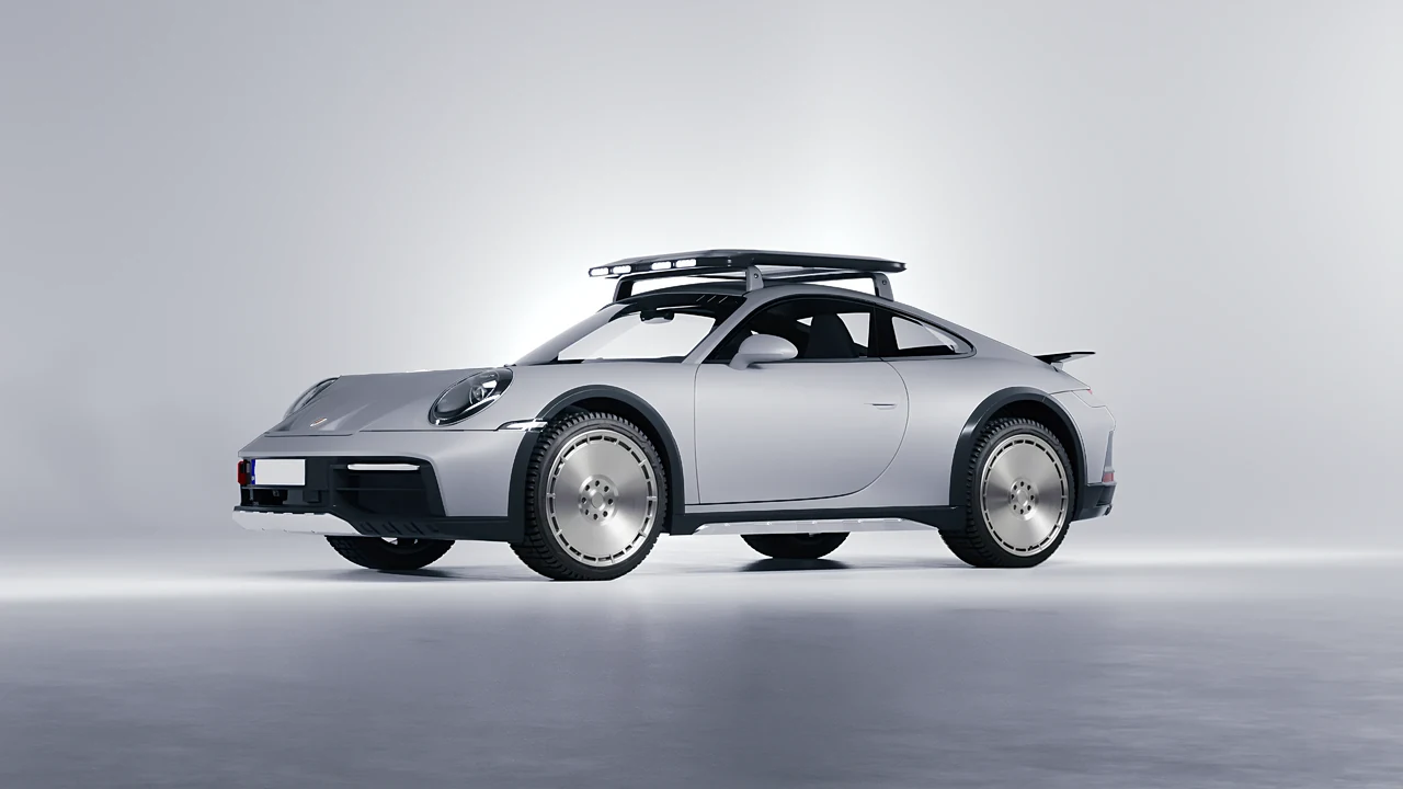 Porsche 911 Dakar 2023 on RDB LA Zero forged wheels, front three-quarter view