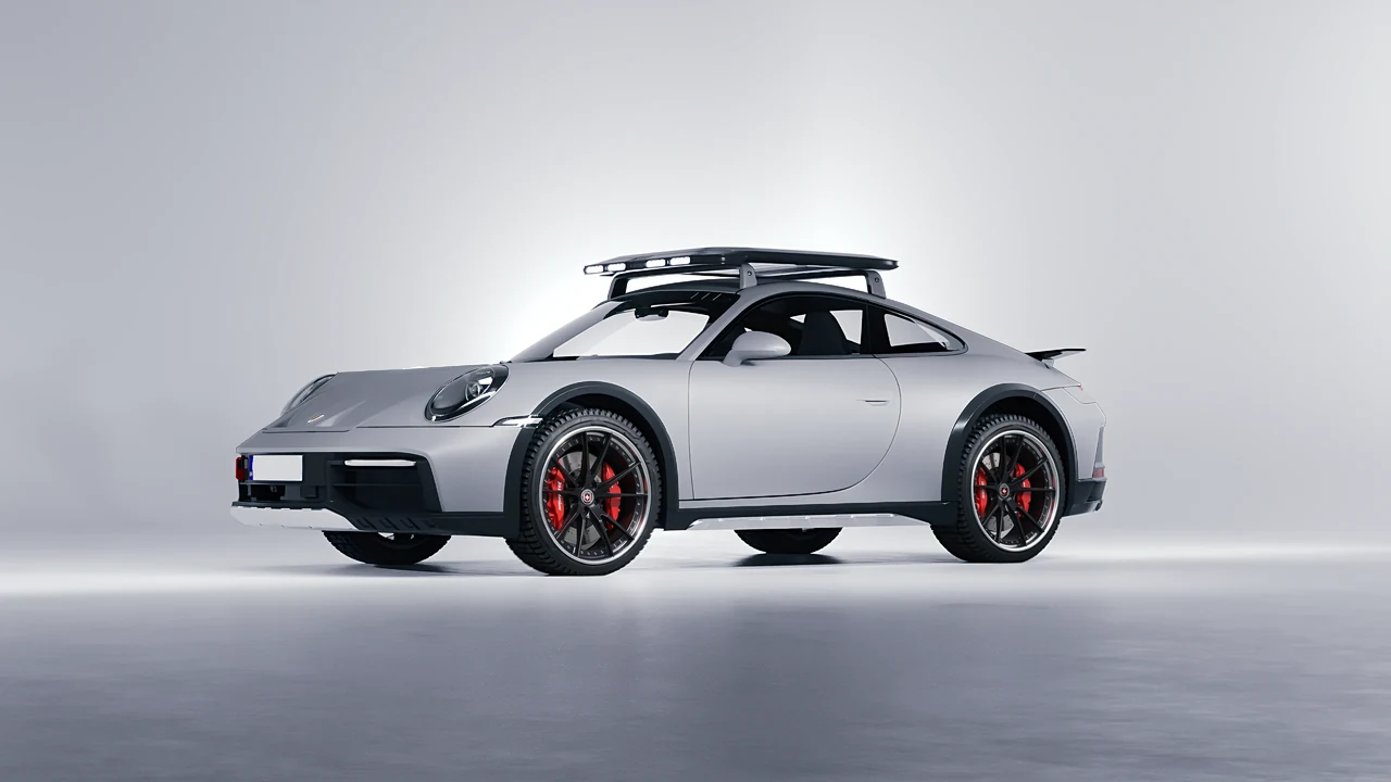 Porsche 911 Dakar 2023 on HRE Performance Wheels S104 forged wheels, front three-quarter view