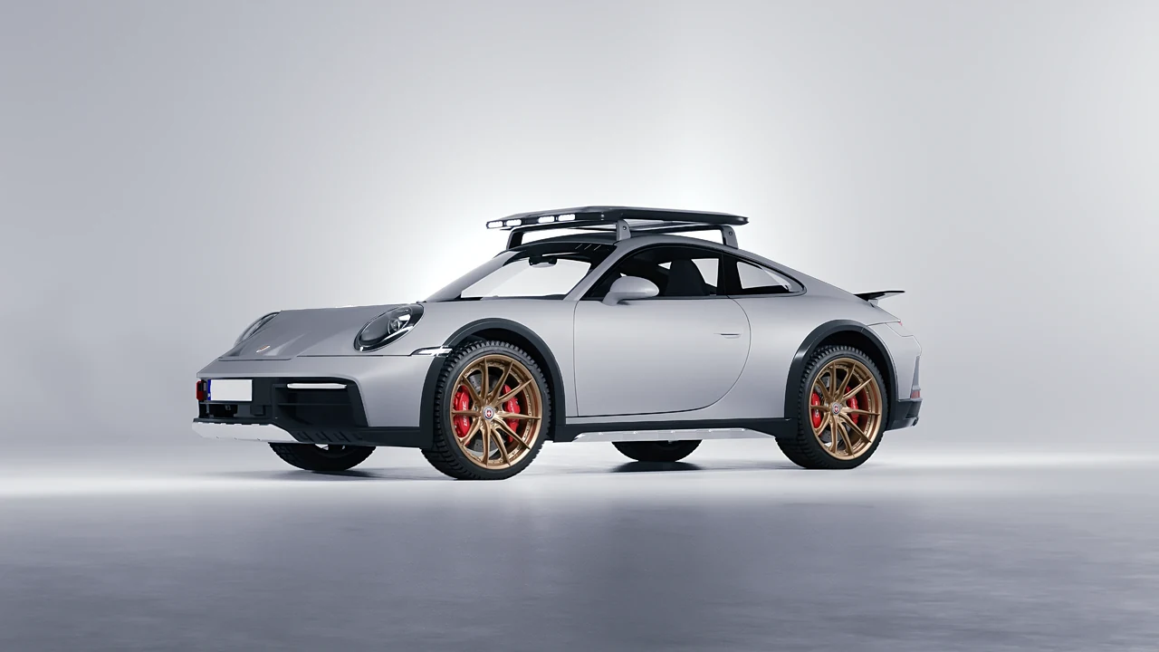 Porsche 911 Dakar 2023 on HRE Performance Wheels S104SC forged wheels, front three-quarter view