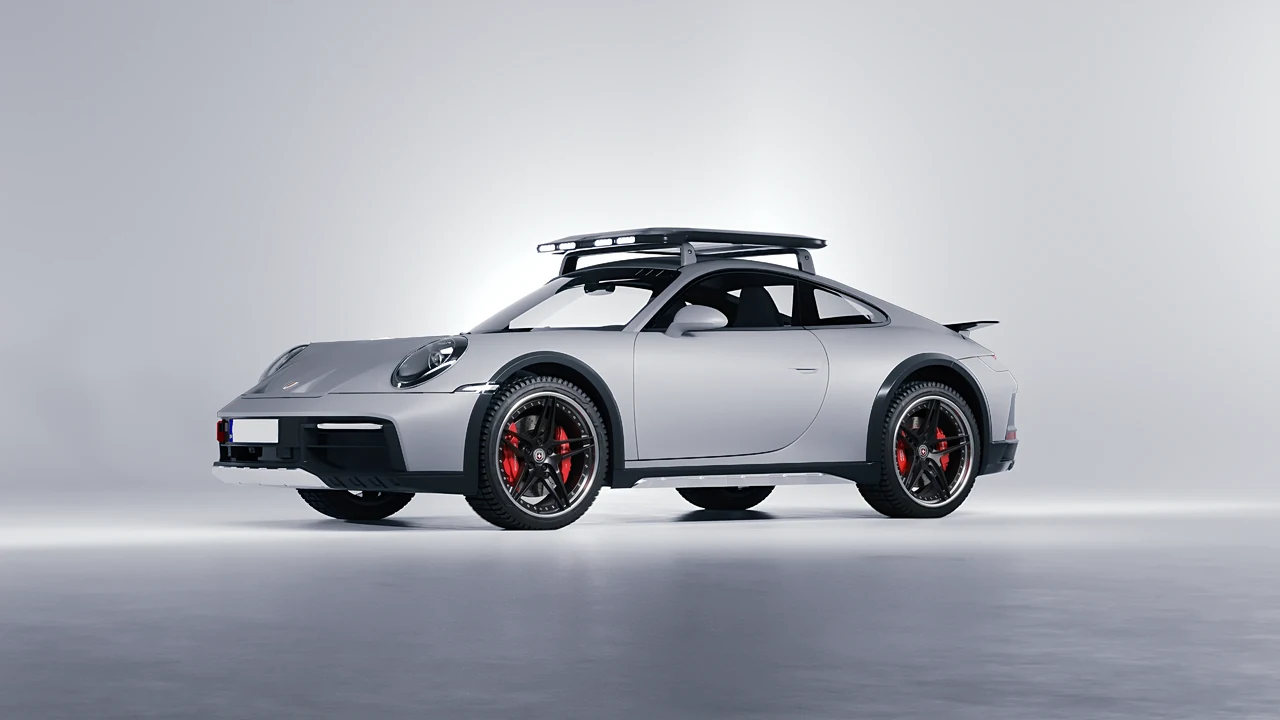 Porsche 911 Dakar 2023 on HRE Performance Wheels S107 forged wheels, front three-quarter view