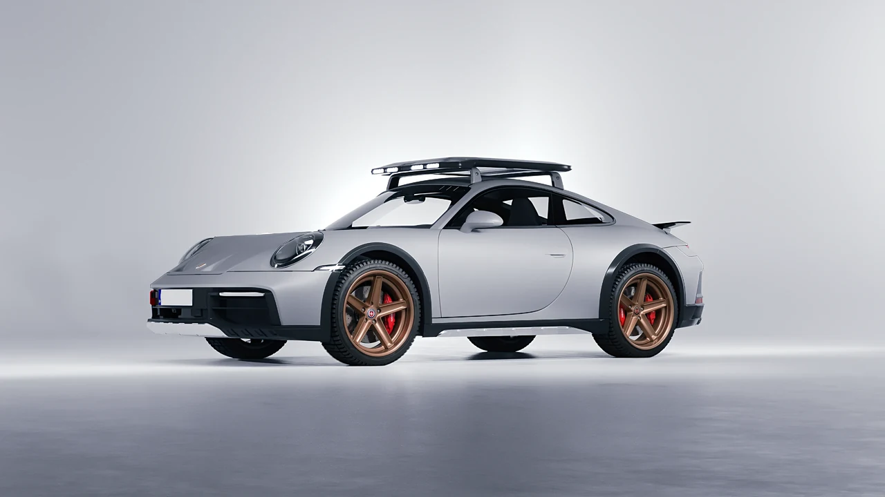 Porsche 911 Dakar 2023 on HRE Performance Wheels Tusk forged wheels, front three-quarter view