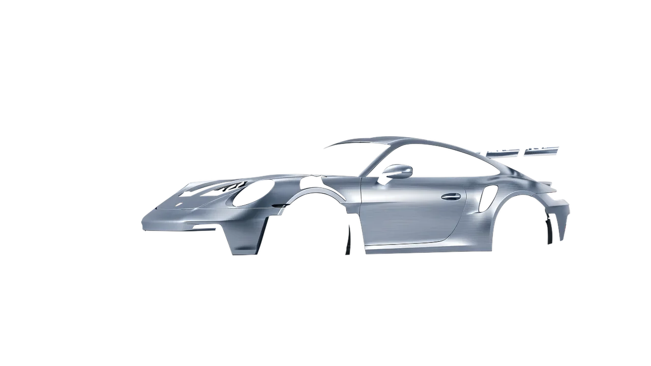 Porsche 911 GT3 RS 2024 wrapped in Brushed Aluminum (Avery Dennison SW900-812-X), front three-quarter view