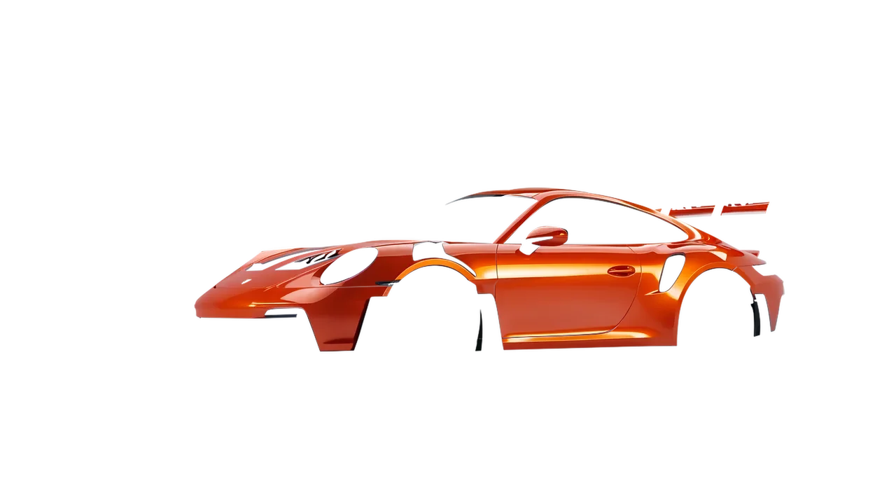Porsche 911 GT3 RS 2024 wrapped in Fiery Orange (3M G364), front three-quarter view