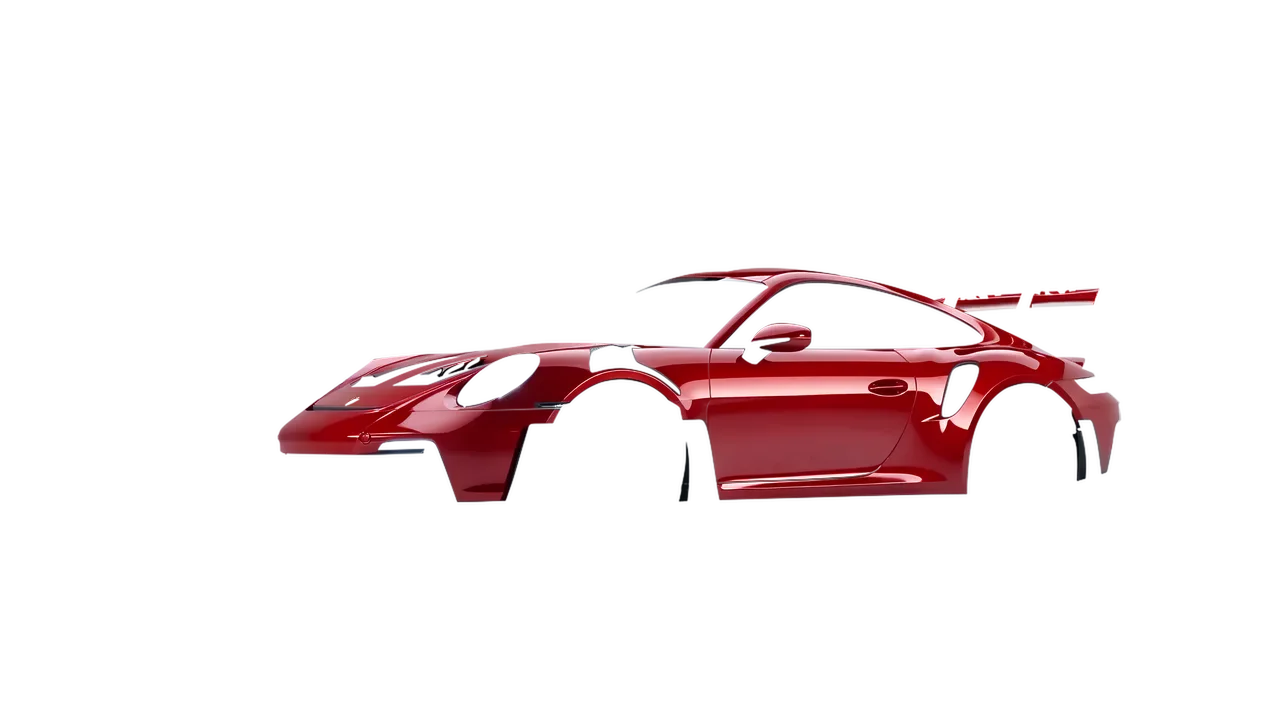 Porsche 911 GT3 RS 2024 wrapped in Hot Rod Red (3M G13), front three-quarter view