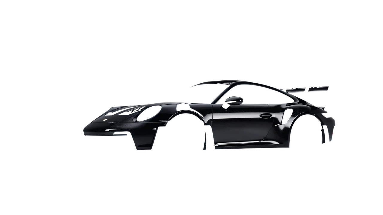 Porsche 911 GT3 RS 2024 wrapped in Mystery Black (Avery Dennison SW900-184-M), front three-quarter view