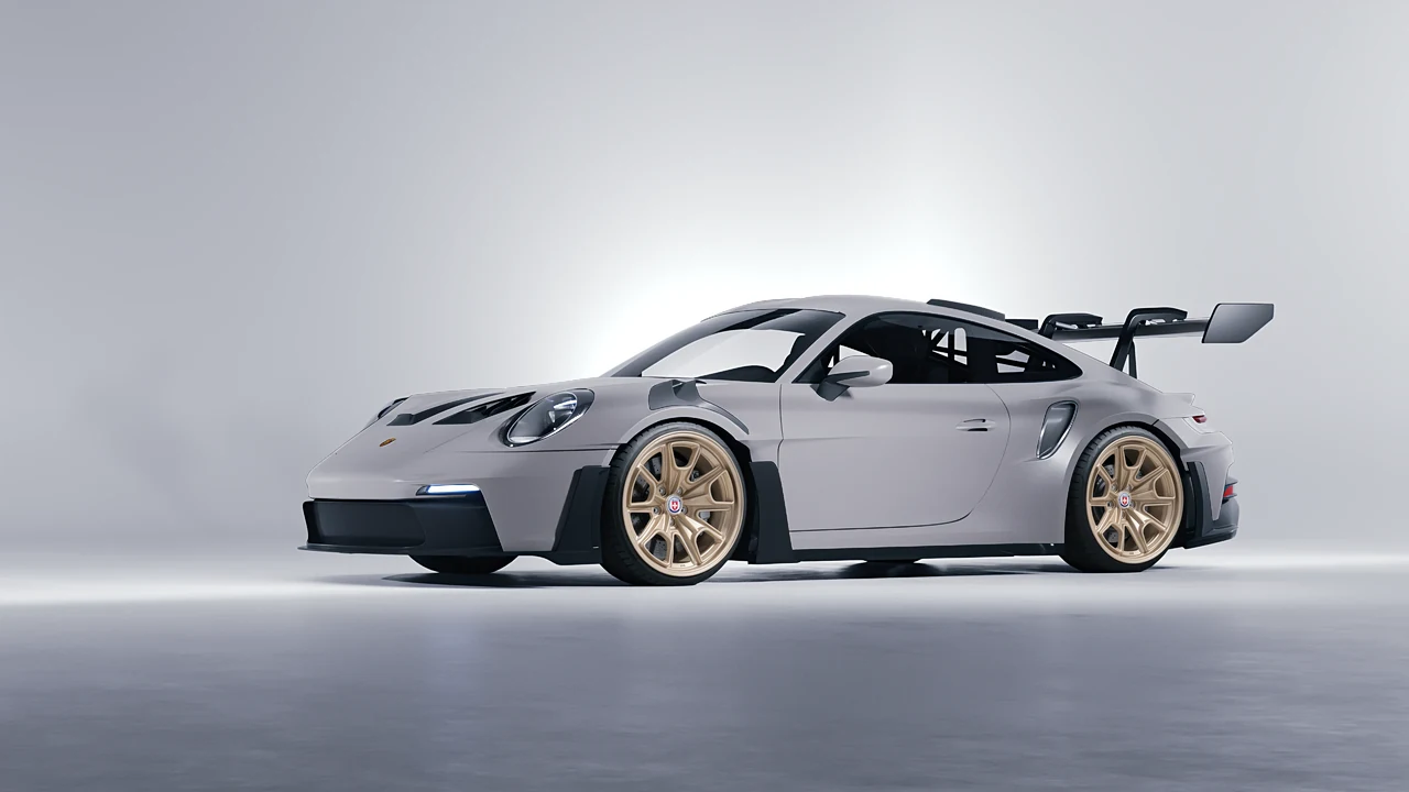 Porsche 911 GT3 RS 2024 on HRE Performance Wheels 427M forged wheels, front three-quarter view