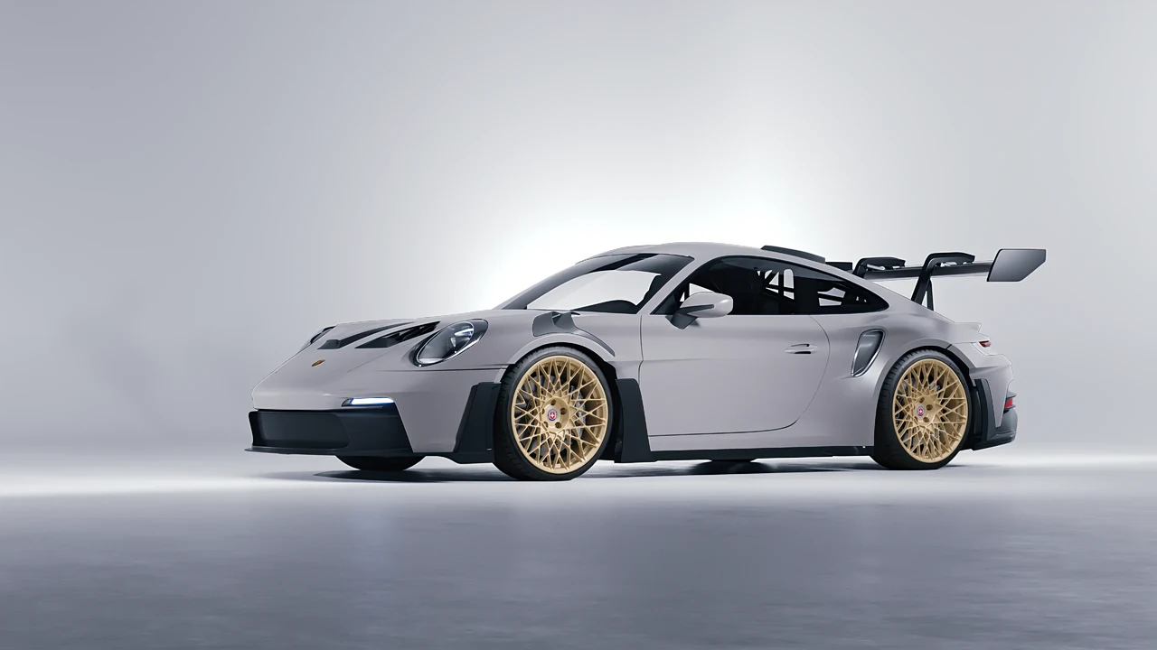 Porsche 911 GT3 RS 2024 on HRE Performance Wheels 501M forged wheels, front three-quarter view