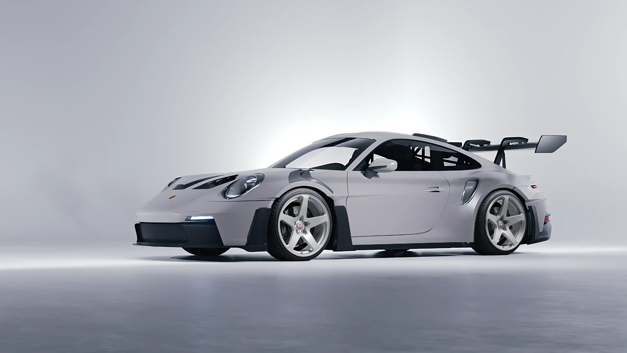 Porsche 911 GT3 RS 2024 on HRE Performance Wheels 527M forged wheels, front three-quarter view