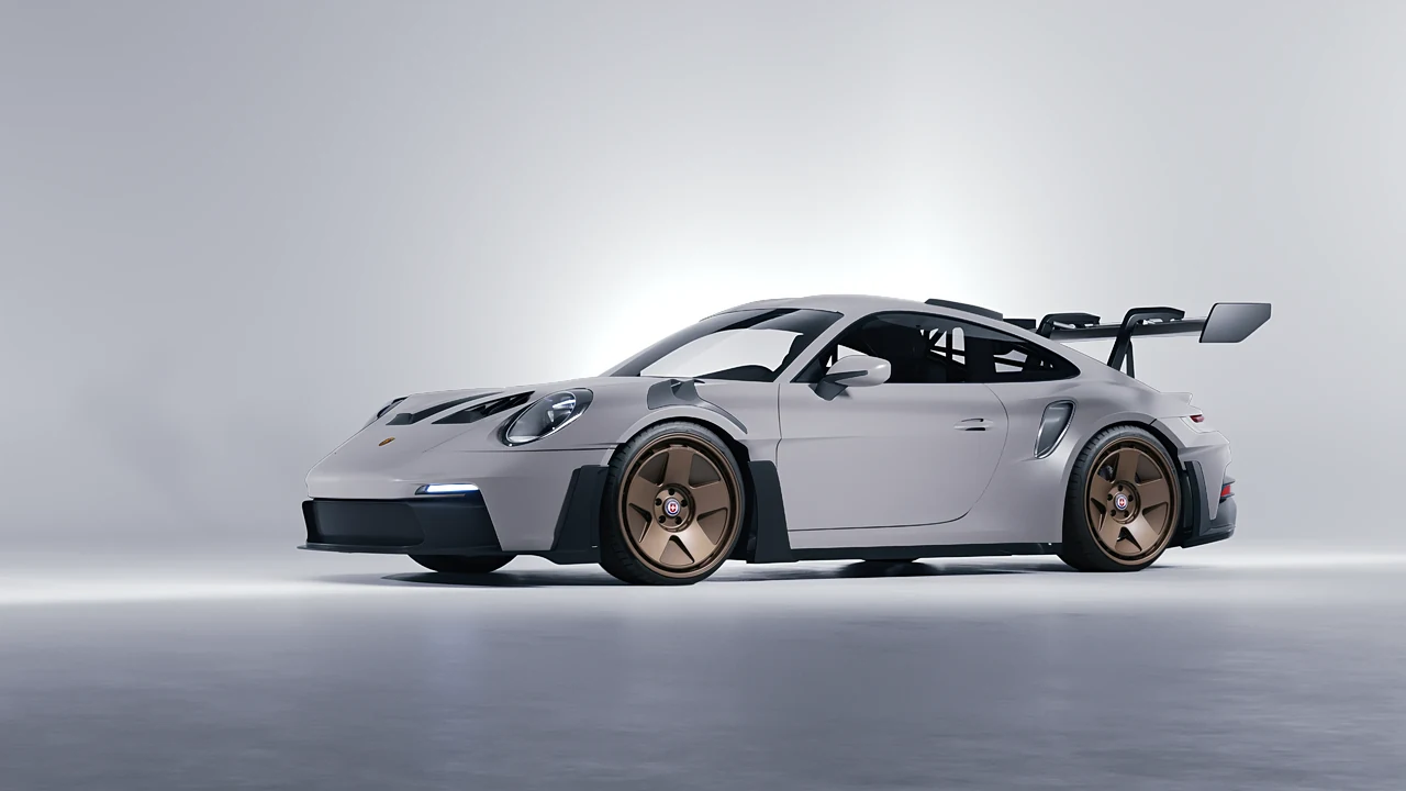 Porsche 911 GT3 RS 2024 on HRE Performance Wheels 555-GTM forged wheels, front three-quarter view