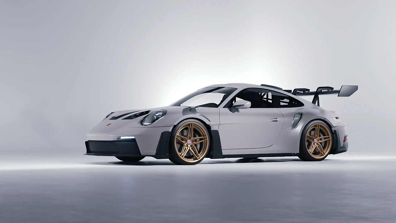 Porsche 911 GT3 RS 2024 on HRE Performance Wheels S107SC forged wheels, front three-quarter view
