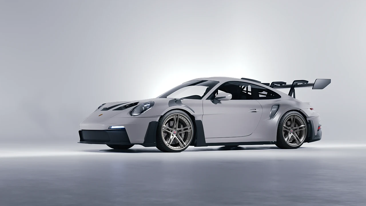 Porsche 911 GT3 RS 2024 on HRE Performance Wheels S207 forged wheels, front three-quarter view