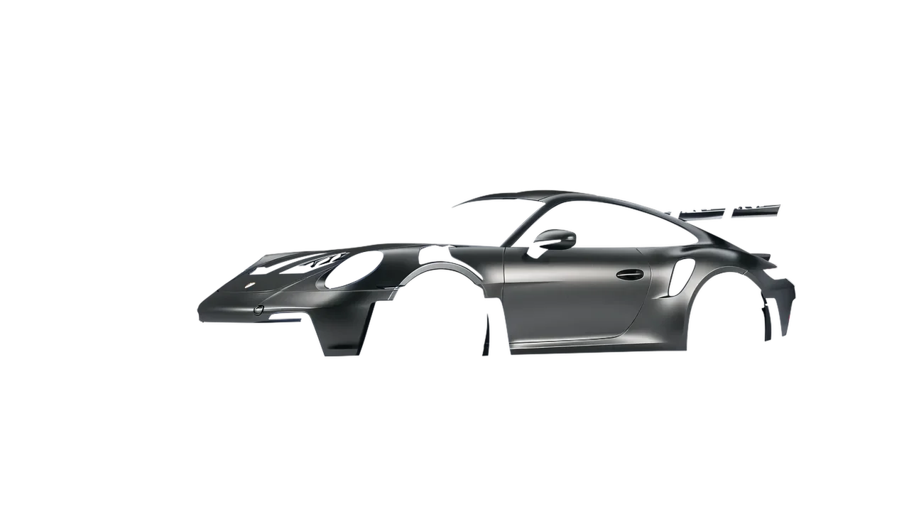 Porsche 911 GT3 RS 2024 wrapped in Black Rock Grey (Avery Dennison SW900-823-M), front three-quarter view