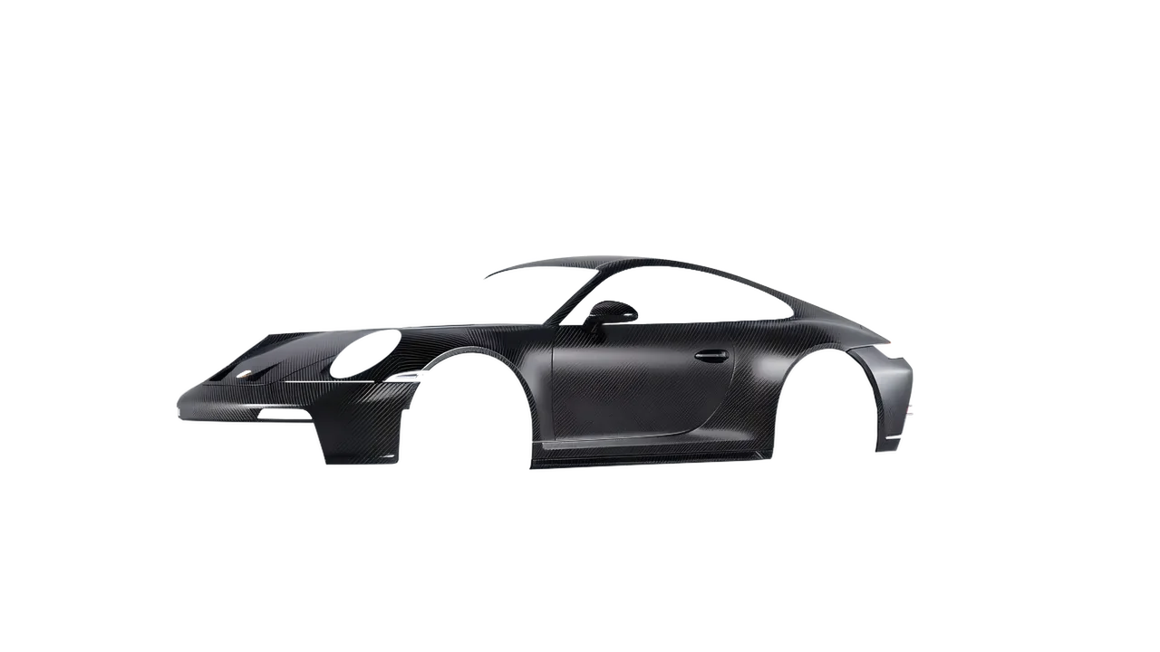 Porsche 911 GT3 Touring 2024 wrapped in Black Gloss Carbon Fibre Vehicle Wrapping System (KPMF K87021), front three-quarter view