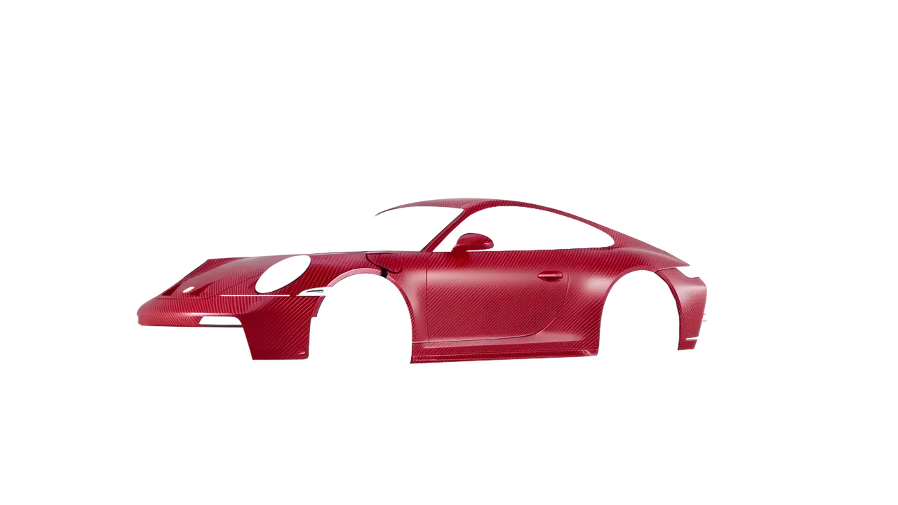 Porsche 911 GT3 Touring 2024 wrapped in Geranium Red Carbon (ORACAL 975-305CA), front three-quarter view