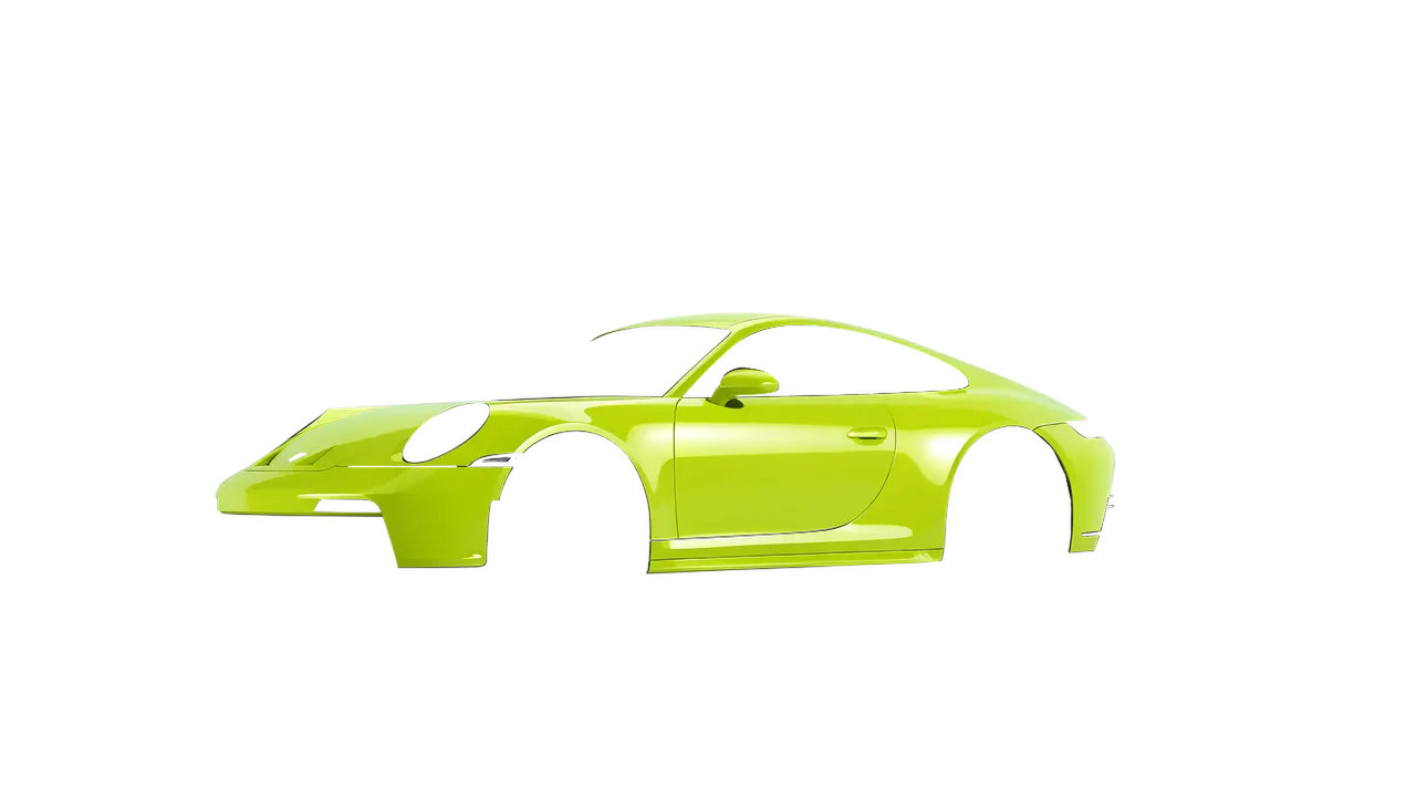 Porsche 911 GT3 Touring 2024 wrapped in Citrus Fury Gloss (ORACAL 970RA-173G), front three-quarter view