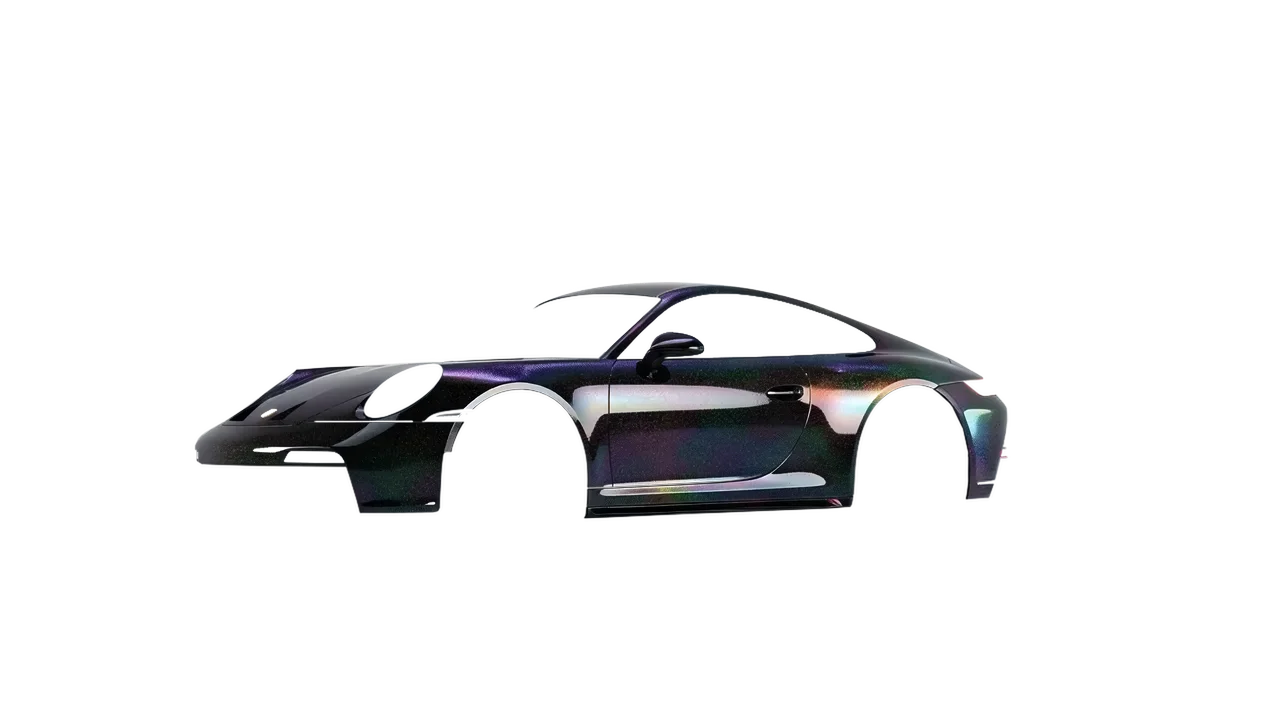 Porsche 911 GT3 Touring 2024 wrapped in High Gloss Flip Black Psychedelic (3M HGP221), front three-quarter view