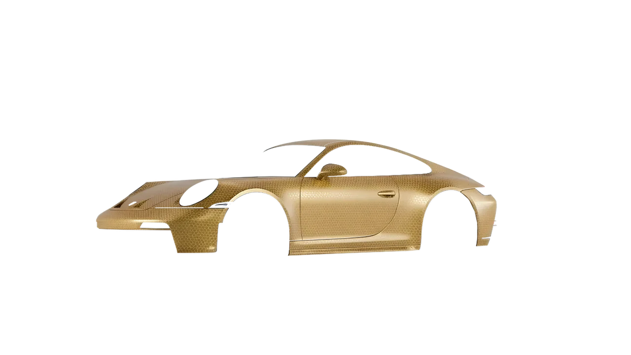 Porsche 911 GT3 Touring 2024 wrapped in Gold Honeycomb (ORACAL 975-091HC), front three-quarter view