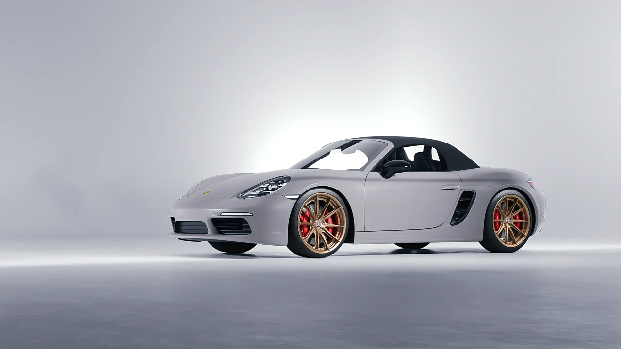 Porsche Boxster 2023 on HRE Performance Wheels S104SC forged wheels, front three-quarter view