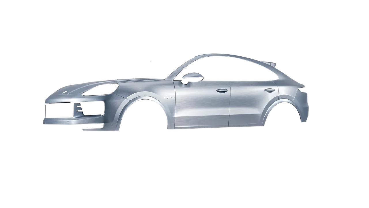 Porsche Cayenne E Hybrid Coupe 2024 wrapped in Brushed Aluminum (Avery Dennison SW900-812-X), front three-quarter view
