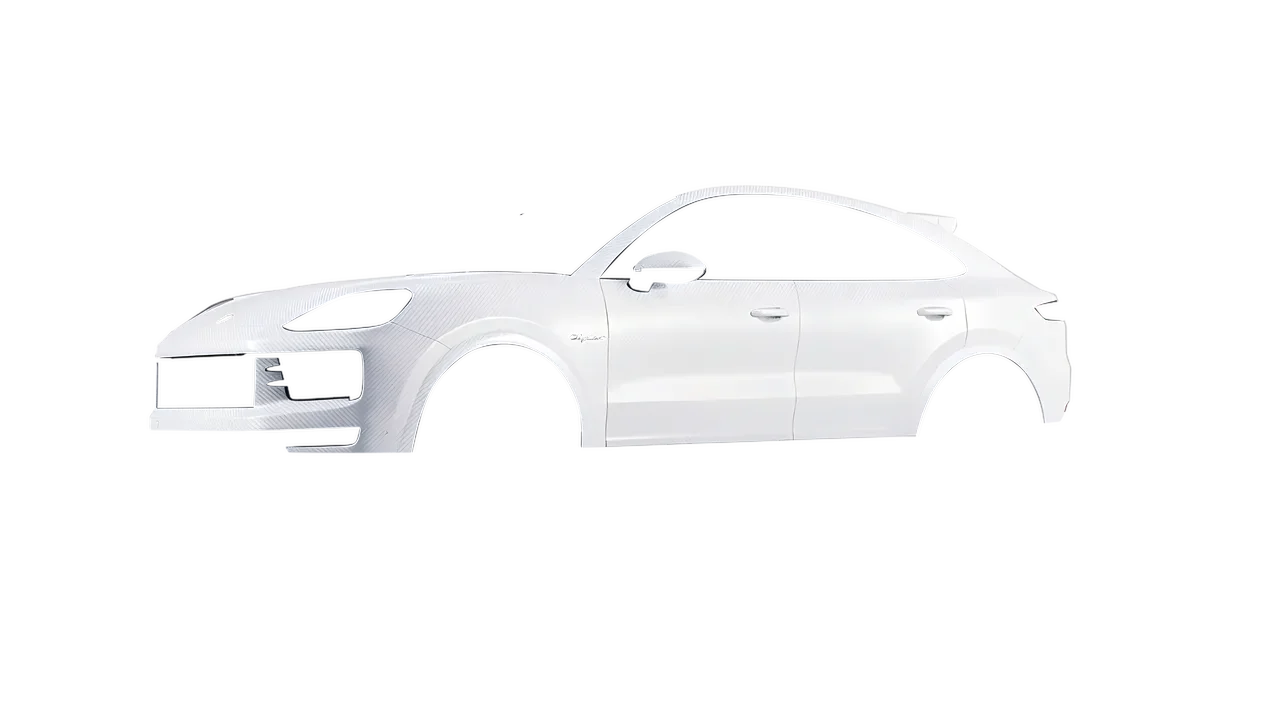 Porsche Cayenne E Hybrid Coupe 2024 wrapped in Carbon Fiber White (Avery Dennison SW900-115-X), front three-quarter view