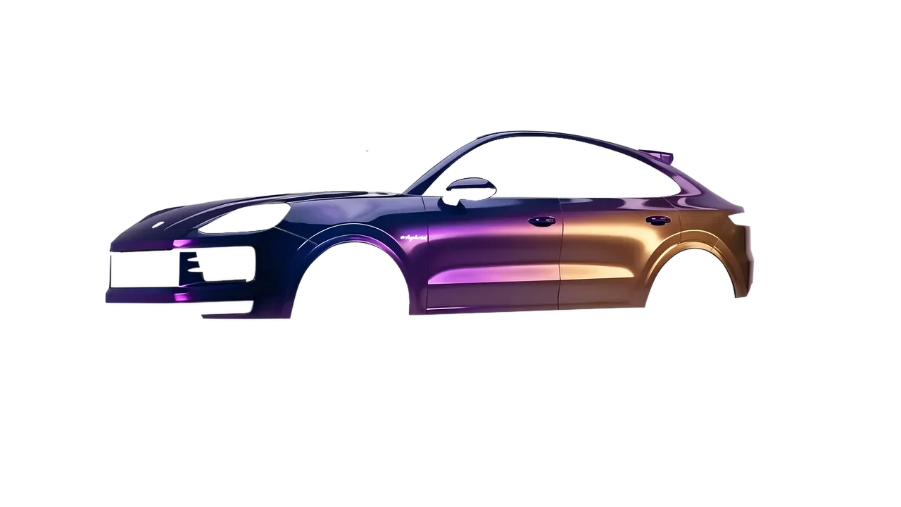 Porsche Cayenne E Hybrid Coupe 2024 wrapped in Gloss Flip Deep Space (3M GP278), front three-quarter view