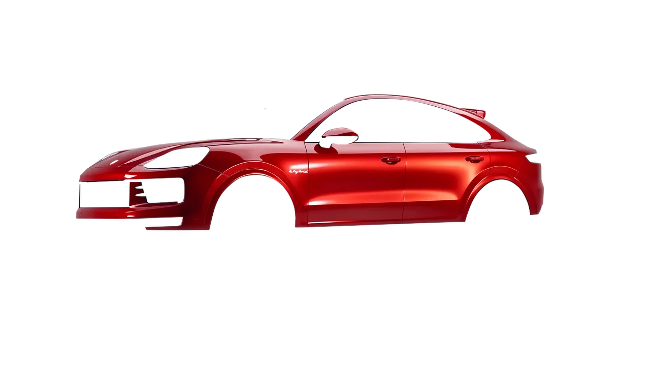 Porsche Cayenne E Hybrid Coupe 2024 wrapped in Hot Rod Red (3M G13), front three-quarter view