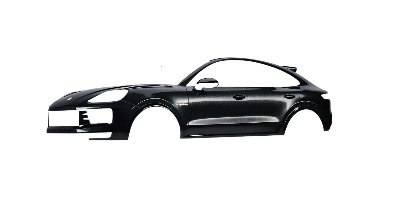 Porsche Cayenne E Hybrid Coupe 2024 wrapped in Mystery Black (Avery Dennison SW900-184-M), front three-quarter view